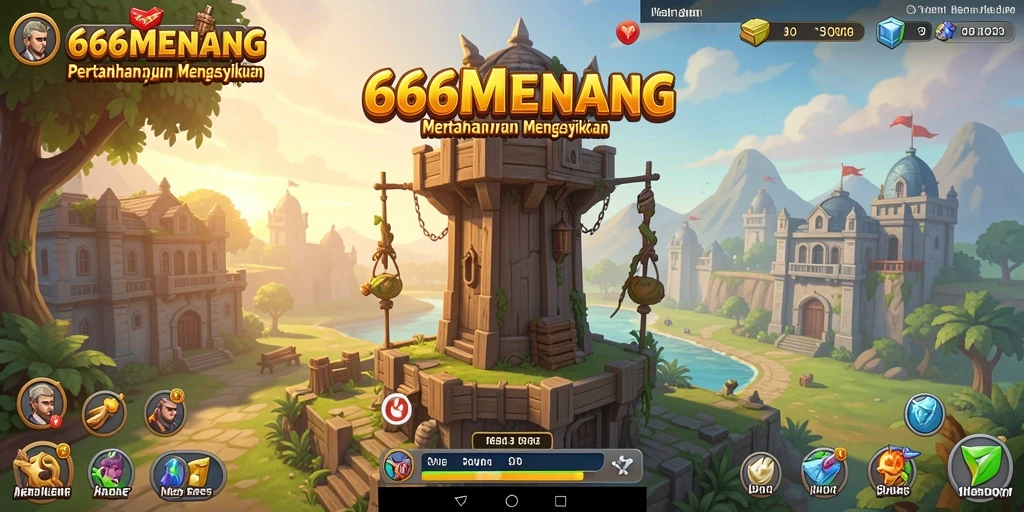 Tangkapan layar gameplay 666MENANG dengan menara yang menarik dan musuh yang mendekat.