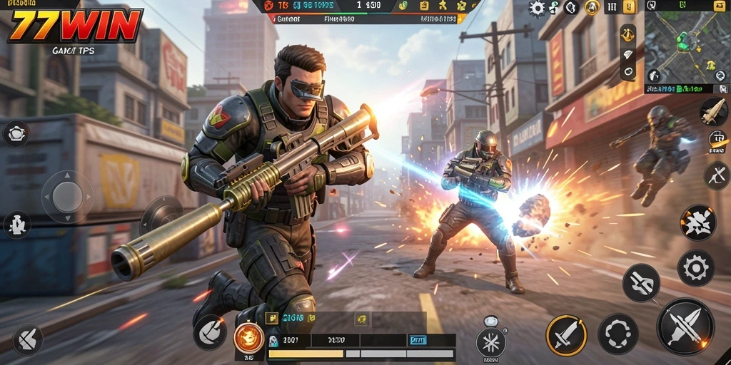 Tampilan gameplay menegangkan di 77WIN menunjukkan aksi pertempuran intens.