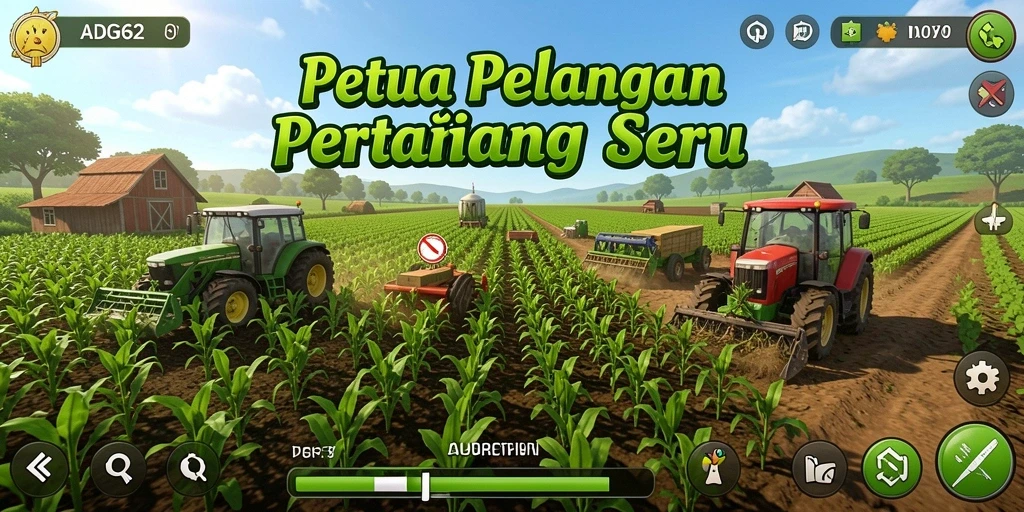 Screenshot gameplay petualangan bertani di ADG62 memperlihatkan ladang hijau subur.