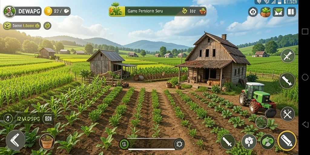Screenshot DEWAPG menampilkan ladang hijau subur dan hewan ternak yang bahagia.