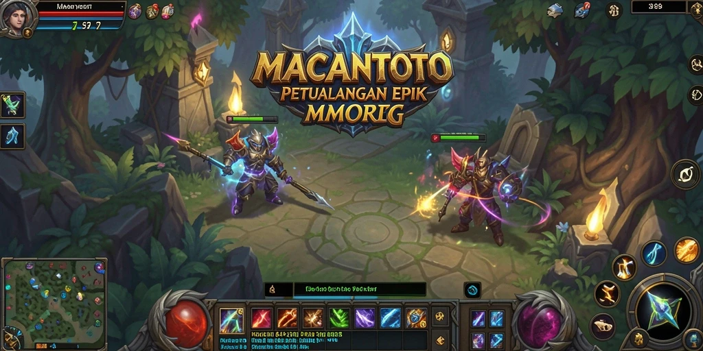 Screenshot utama MACANTOTO menampilkan pertarungan epik dalam dunia MMORPG.