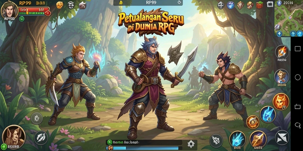 Screenshot gameplay RP99 menampilkan aksi pertempuran epik dalam RPG.