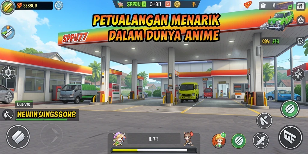 Screenshot SPBU77 menampilkan pertarungan seru dalam suasana anime.