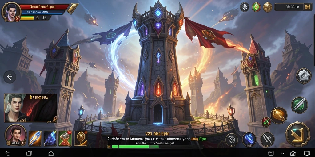 Tampilan screenshot V21 menampilkan aksi intens dalam pertahanan menara.